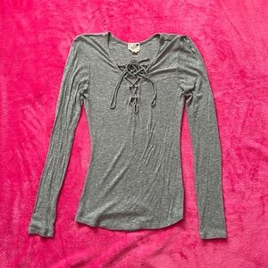 Grey Lace-up Long Sleeve Top